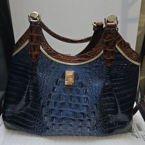 Brahmin Navy and Chestnut Croc-Embossed Shoulder Bag